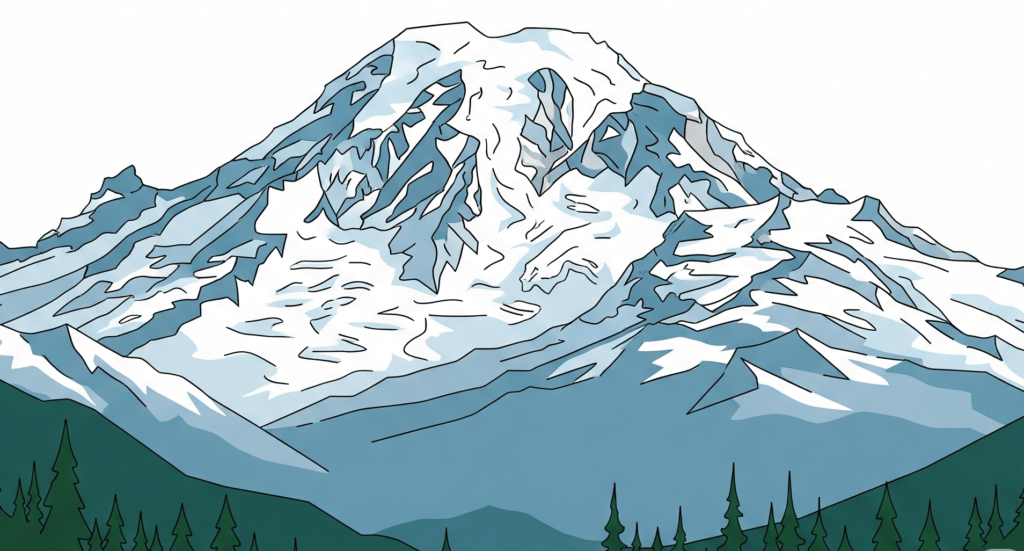 A crisp vector illustration of Mount Rainier against a white background, suitable for Bellevue Roofing's website, showcasing their Pacific Northwest service area.