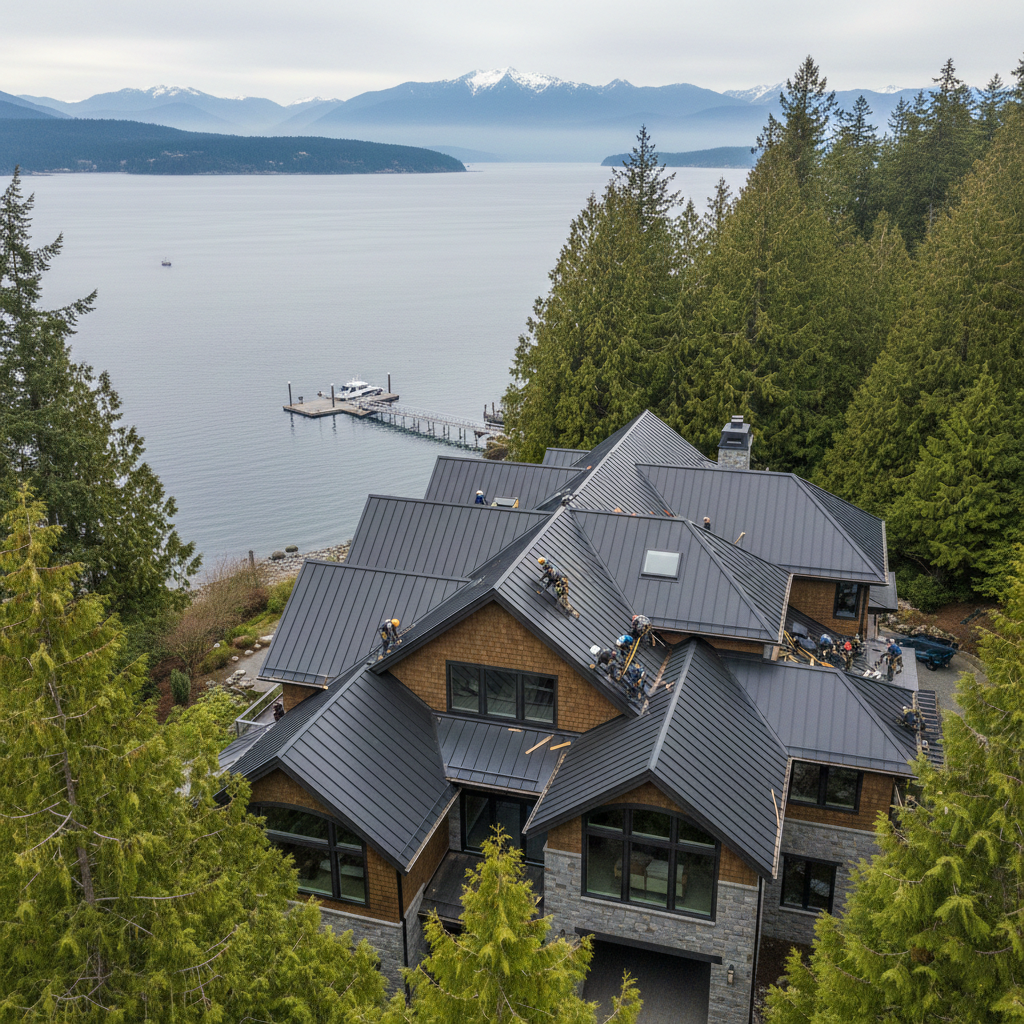 Crew installing marine-grade metal roofing Gig Harbor waterfront estate, showcasing one of the most durable metal roofs Gig Harbor homeowners choose for storm protection.